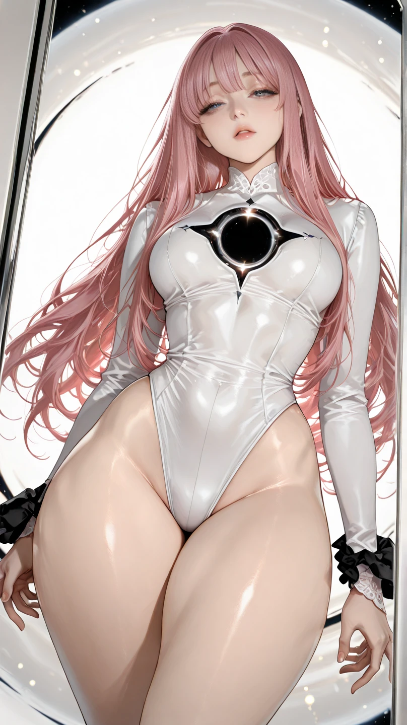 super smooth quality , super line art ,complex details 1girl , pink hair, long hair, hair between eyes, blue eyes, cube hair ornaments , gotoh hitori ,blush , white skin , semi-realistic , bent over , hands on chest ,, sad, super sharp quality , breasts pulled to the ground ,bodysuit , complex bodysuit ,detailed clothes