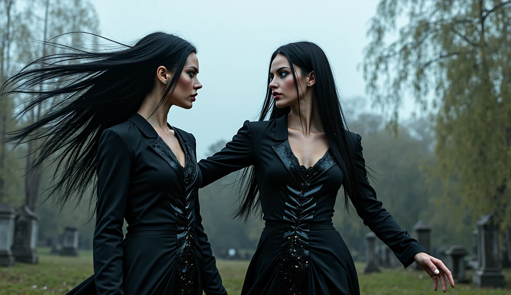 A beautiful adult woman. She has fair skin, but her left hand is completely black, and she does not like to talk about this topic. She has short shoulder-length blue-black hair. The sclera of her eyes is completely black, while her left eye is blue and her right eye is dark red. Her horns stretch from the top of her head to the back of her head, curved in shape, covered with ivy vines. Her tail is so long that it reaches the floor. She is wearing a long dress with a slit at the hip, there is lacing on the sides of her dress. She is wearing high-heeled shoes. Her breasts are 4 sizes. She is 6.4 feet tall and weighs 166 pounds. She smells of coffee and sealing wax. She belongs to the demons of high rank. She is 100 years