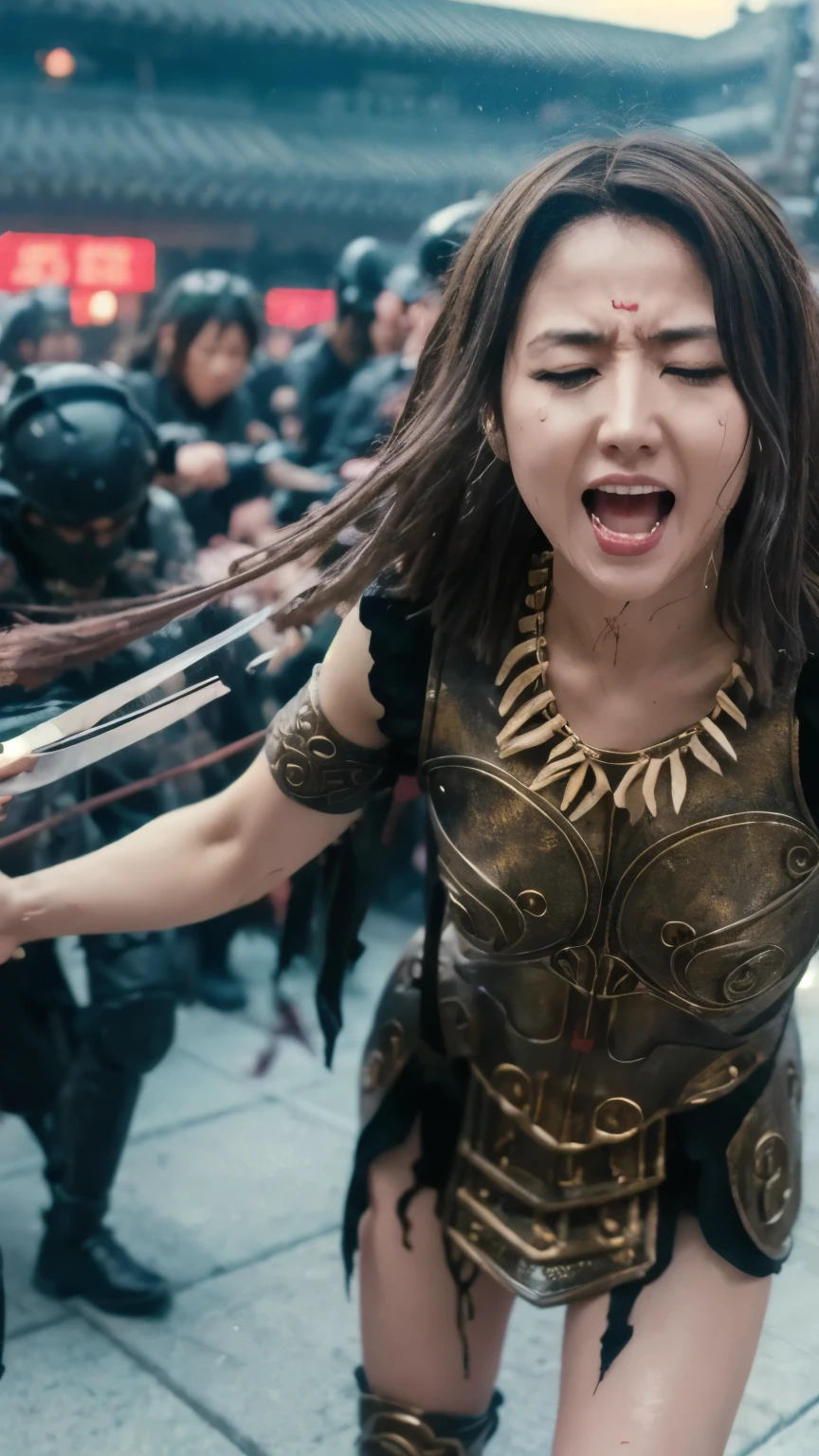 I'm painfully searching, 弓と矢が彼女の体に突き刺さりsufferingしてscreamをあげている , suffering, Cry of pain, eyes closed, masterpiece, high resolution, scratch, Torn, scratchだらけ, , , wet, It's raining heavily , uniform is torn 、I can see his chest and nipples , Decorated Panties , 打撲scratch, scream, long black nails