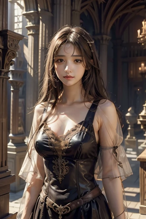 (A hyper-realistic)、(illustratio)、(hight resolution)、(8K)、(ighly detailed)、(best illustratio ration)、(beautifully detailed eyes)、(top-quality)、(ultra-detailliert)、(masterpiece)、(wall-)、(A detailed face)、独奏、1 girl in、looking at viewert、fine detailed、A detailed face、in the darkness nigth、deep-shadows、lowkey、pureerosfaceace_v1、A smile、long、Black shawl straight hair、46-point diagonal bangs, (silk dresses、long skirt)(off shoulders)View of the castle、、Stand against the wall,Face straight ahead,super lady、elegant behavior,