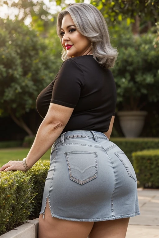 Beautiful seventy year old lady wearing short denim shorts