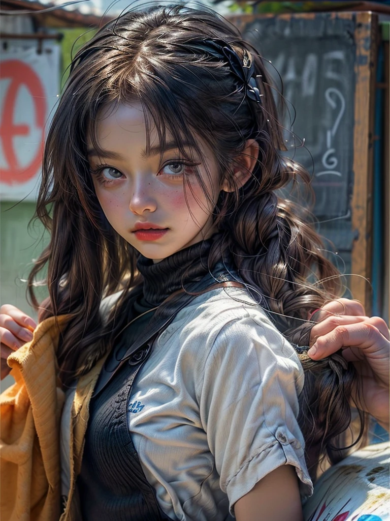 A beautiful girl sitting on a city street, 独奏,realistic fabrics,Fibers of clothing fabrics,Plush ribbon trim、Light black green skirt、black color dress,black lence stockings,(tmasterpiece,best qualtiy,A high resolution:1.4),the detail,Complicated details,8K,colored splashing,line art,Artistically,photo level,wide angles,entire body image,little breast,Smaller bust,flatchest,Seductive eyes,Glamorous temperament,glint,excited,kubrick stare,glasgow smile,Neat one-word bangs,Ji Shi Fa,French braids, move chart, Atmospheric perspective, Cinematic lighting, tmasterpiece, Textured skin,Fine hair like silk,Every hair is clear,God Rays shines on the body,glint, upper teeth,, epic exquisite character art,torogao, open mouth,showing waist,big breasts thin waist,Separate the sleeves