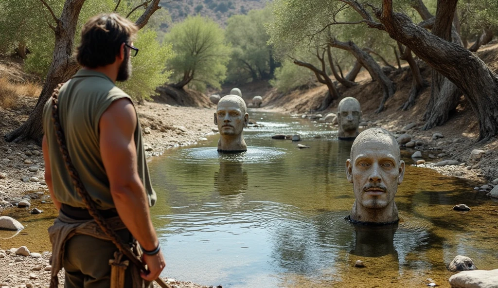 a large, humanoid creature lying partially submerged in a body of water. The creature has an ancient and weathered appearance, with detailed, muscular features and a face that seems to be in a state of deep rest or possibly death. The water is a murky greenish-blue, and the creature's body appears to be covered in what might be algae or erosion marks, adding to its aged look. Surrounding the creature the landscape is rocky and barren, with a few small, distant figures standing on the shore, giving a sense of the creature's massive scale. The overall scene is surreal and eerie, evoking a sense of mystery and ancient history.