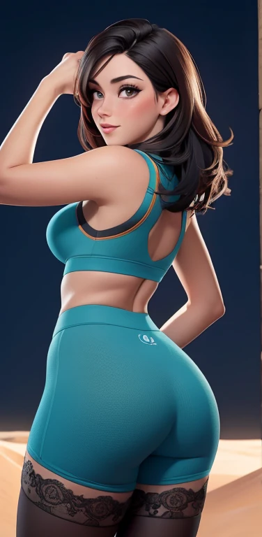 A LILY COLLINS in colorful sports bras, big breasts, mysterious smile, in motion, showing thighs, 3D magical details, James Jean soft light, 4K, Yuri Schvedorf and Tom Bagshaw, beautiful digital artwork, Sylvain Sarrell and Igor Mosky, full body shot