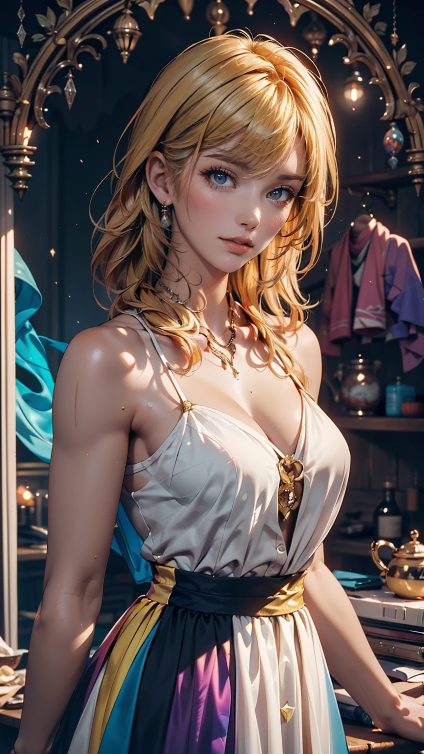 (ultra realistic,32k, masterpiece:1.2),(high detailed skin:1.1),( high quality:1.1), 
1girl,pink hair, ponytail hair, bangs,(aqua eyes:0.8),<lora:sexy_short_china_dress:0.5>Golden yellow (ä½ åæ¬¢çé¢è²+short china dress), cleavage, cleavage cutout, bare shoulders, bare arms, (side slit), , <lora:add_detail:0.84>,(huge breast:0.9),(looking at viewer, Bend forward:1.1),,
,(moody lighting:1.1),  blank background