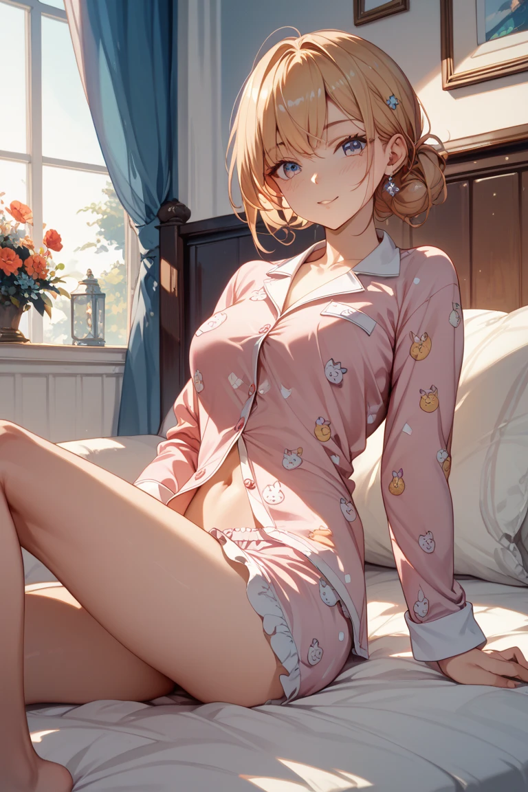 Anime Kawaii sexy Perfect Slim sensual body large breast and huge thighs, An intricate and highly detailed illustration of anime (Young girl) (masterpiece:1.2), Detailed fingers, Beautiful woman, Sitting on the bed, She is wearing a loose off-the-shoulder top., Pajama pants, Short Curly Hair, indoor, Soft lighting, Background plants, Window with sunlight, Cozy rooms, Relaxed pose, Intricate details, Warm colors, Japanese schoolgirl, stretching arms upwards, yawn loudly