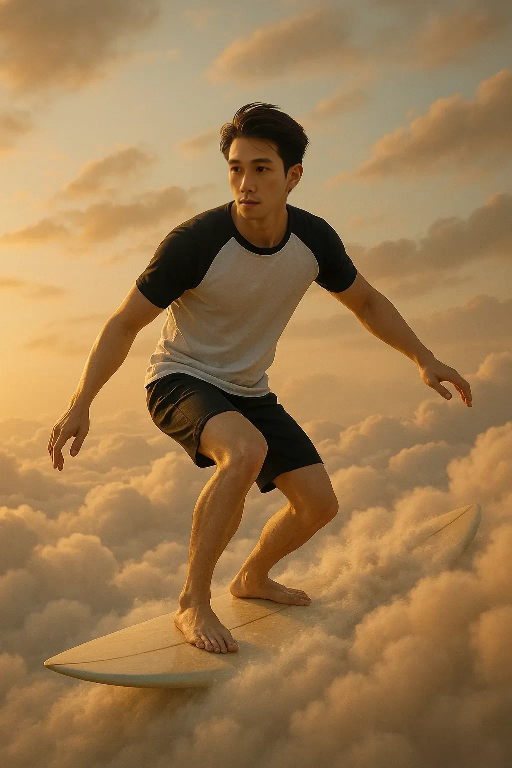 Hyper realistik 3D a young man Korea, ideal sispek body, doing push up with 1 hand on the floor with a laughing expression towards the camera wide camera shot, UHD, 18K, minimalist white background and montain