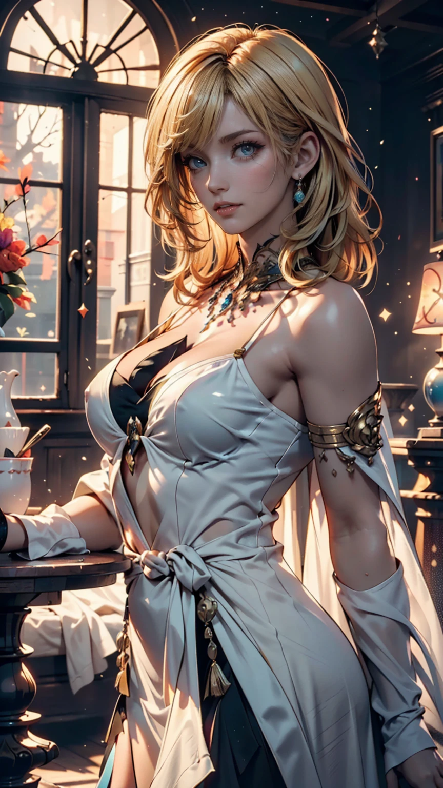 (highest quality, masterpiece:1.2), Ultra-high resolution, Realistic, Front lighting, Intricate details, Exquisite detail and texture, One girl, alone ,(young), Facial highlights, Upper Body, Detailed face, Teardrop Mole, white skin, Silver Hair, ponytail, Braid, View Viewer, Big eyes, silk robe, (Hollow pattern, white, silk), Earrings, Small breasts, The body is slim, Luxury Room, Professional Lighting, Photon Mapping, Radio City, Physically Based Rendering