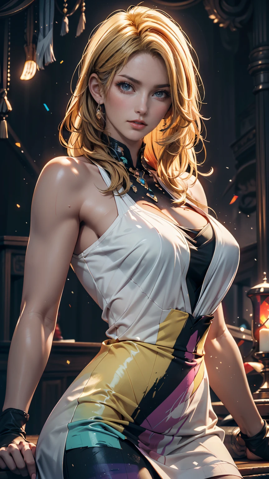 A 23-year-old white woman with unparalleled beauty、blue eyes、The eyes are wide open、Dark Blonde、Hair is wavy、semi-long、smile、The navel is sticking out、Sexy proportions、The sunlight is shining from above、Photorealistic images、8K quality、My chest is popping out、I want my head to stay off screen、I have a wristband on my wrist、Model-like height and style、Secure head space、チャーミングなsmile、Beautiful skin、standing on the stage at the club、Wearing lacy black lingerie、Wearing high cut lingerie、Wearing stockings、I'm wearing a gutter belt、Close to women、Sexy dance on stage、Pink heart tattoo on arm、smile