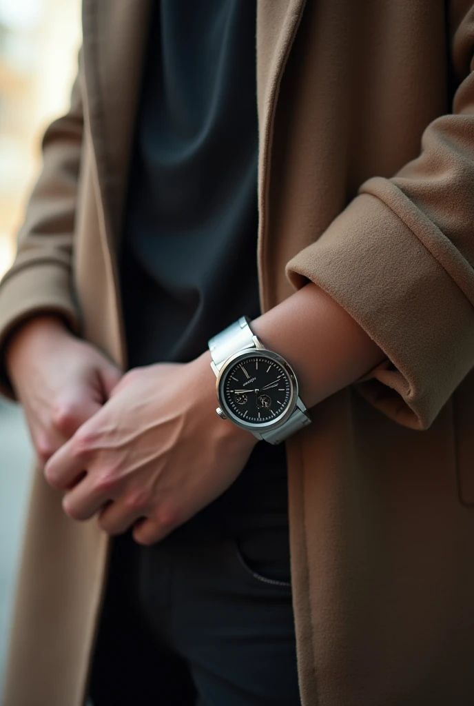 My boyfriend and I put our watches together and compared them. Only our wrists were visible.
