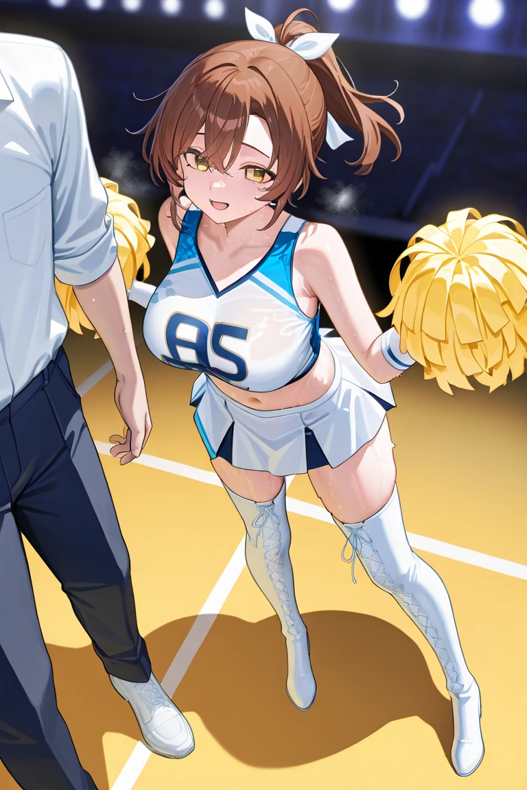 hoang lap、tmasterpiece、Best quality、realisticlying、Hyper-detailing、(Shiny skin,sweat leggs:1.4)、Slim、Look at the audience、1girll、Solo、tennis wear、White polo shirt、White sneakers、white mini-skirt、long whitr hair、silber hair、eBlue eyes、(thick thight:0.5)、动态照明、A high resolution、sharp fokus、depth of fields、Large breasts,Pregnant belly,Pregnant women with,a navel,A pair of hands