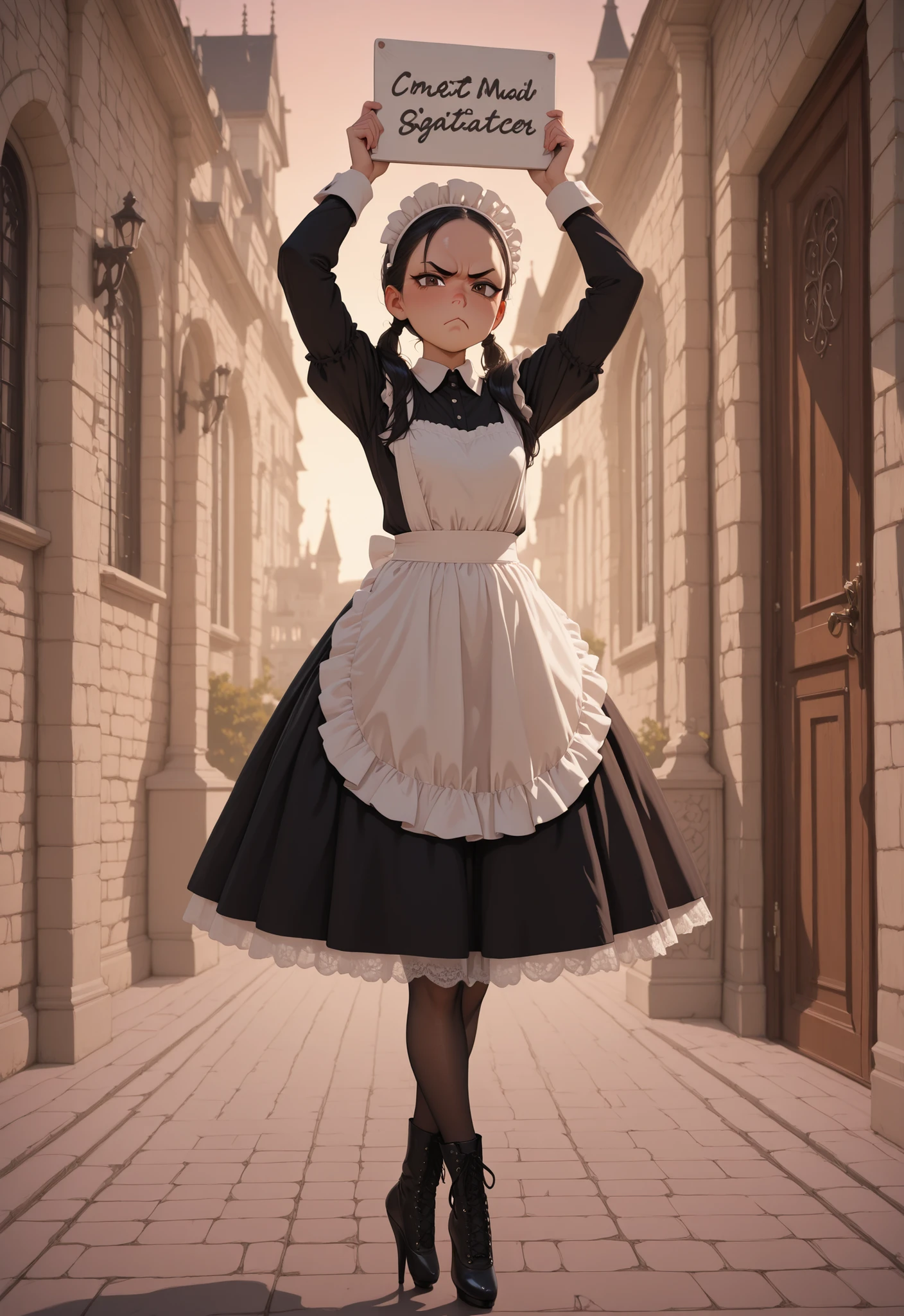 (masterpiece), best quality, amazing quality, very aesthetic, absurdres, outdoors, evening, gothic mansion, door, grumpy maid, black hair, pigtails, perfect face, forehead, small eyebrows, brown eyes, small nose, looking at viewer, glare, scowl, petite, slightly plump, wearing traditional maid uniform, headdress, apron, long skirt, petticoat, black lace stockings, black boots, ballet-boots, ballet heels, ankle boots, standing, holding object, large folding sign, arms above head, crossed legs, handfixer
