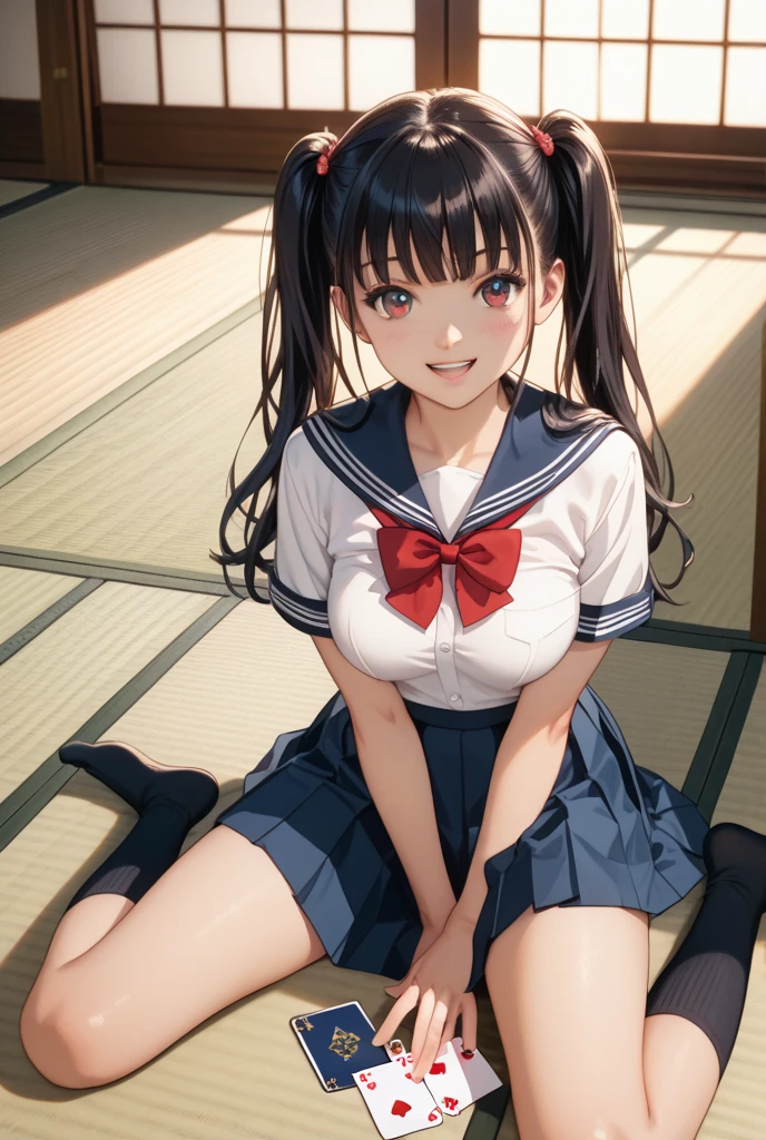 Anime style , todller girl , , black hair twintails , smug smile , kindergarden uniform, pantie. Long socks, sinal de paz com as mãos