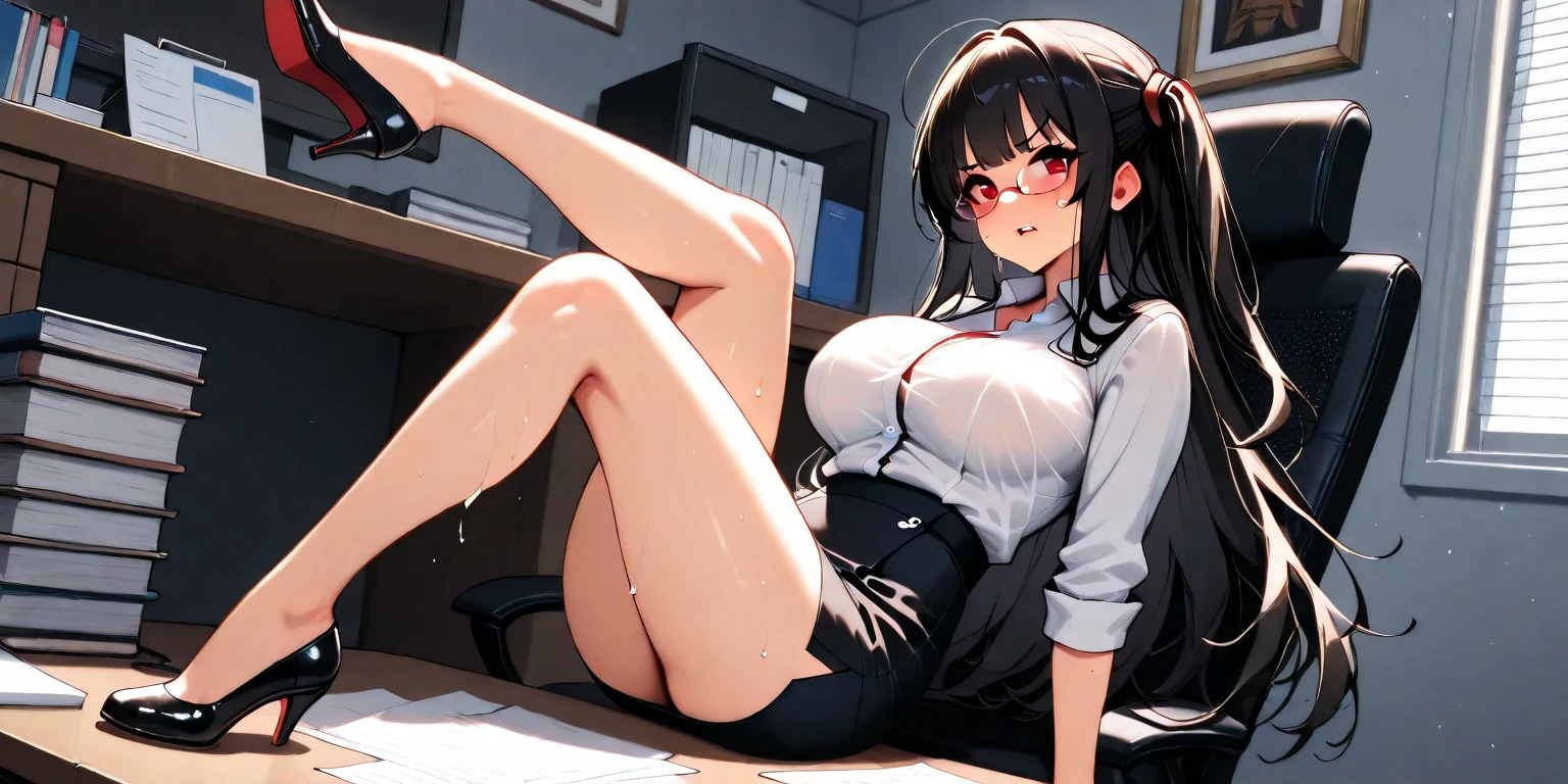 ((Beautiful Face)), Rembrandt Lighting, (masterpiece:1.2), (Highest quality), (Detailed skin:1.3), (Intricate details), Browsing Caution, アニメ、Attractive office lady,28 years old,((close your eyes,Open your mouth:1.3)),Climax face,(Face of ecstasy:1.3),Flushed Cheeks,Face glistening with sweat,Detailed face,Black Hair,Medium Hair,Highest quality、Unity 8k wallpaper、32k、masterpiece、Ultra-detailed、Ultra-high resolution、(Very detailed and complex)、細部までBeautiful Face,High heels、Woman in (Black lace bra) sitting on the desk, on the desk, Sit at a desk, Sitting at a desk,Bent knees、Spread your legs、Spread your legs、Panty shot、 Sexy下着、,office, At work, Wearing glasses, Cleavage、Sexy,Angle from below,Very attractive and beautiful,(Sweaty, glistening skin:1.3),