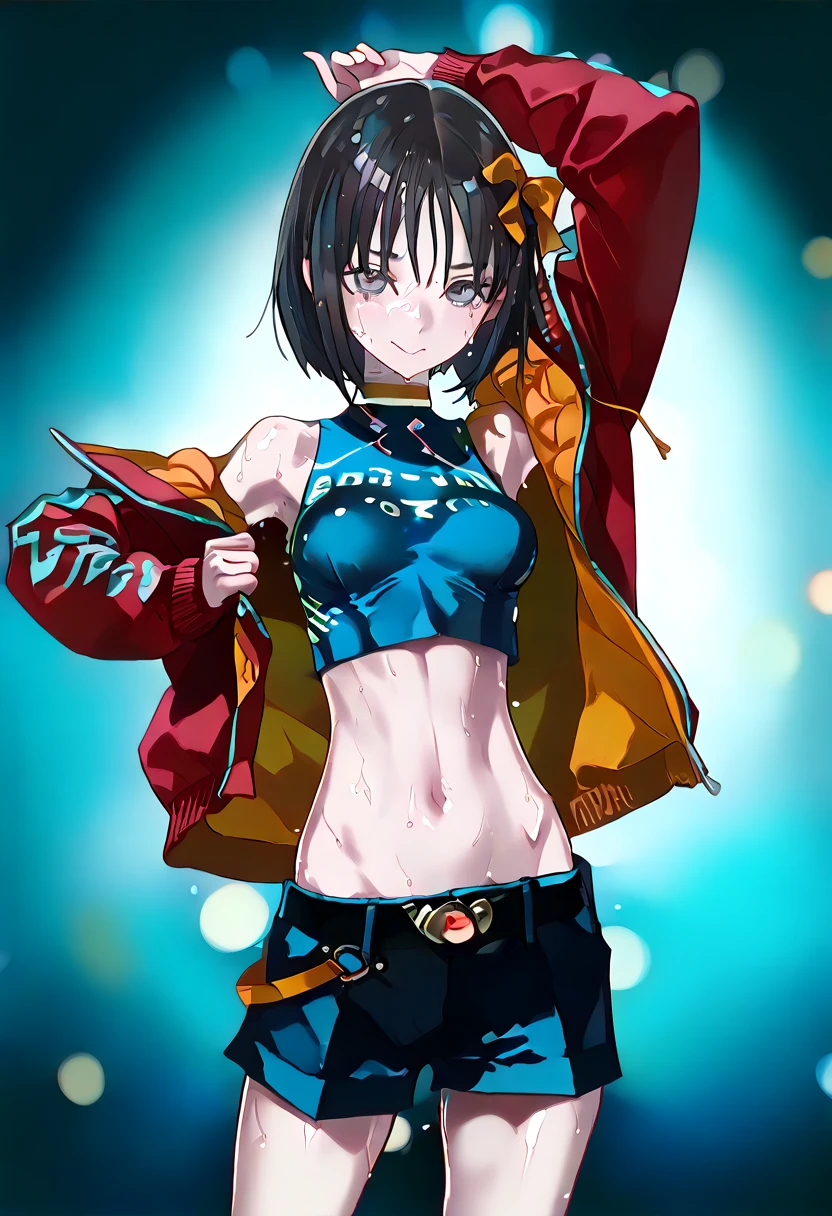 (masterpiece), best quality, (((ultra detailed, 8k quality))), expressive eyes, perfect face, perfect anatomy, perfect body, scene, <lora:scene_:0.7>, <lora:more_details:0.7>, <lora:beautiful_detailed_eyes:0.5>, <lora:GoodHands-beta2:0.7>, <lora:give_it_a_name:0.7>,
, kanbarusuruga, smile, short hair, medium breasts, brown eyes, <lora:kanbaru-suruga-v1:1>,
leather jacket, leather pants, strapless bra, black jacket, tight pants, black choker, zipper, fingerless gloves, biker clothes, spikes, unzipped, multiple belts, shiny clothes, high collar, (graffiti:1.2), brick wall, hand on pocket