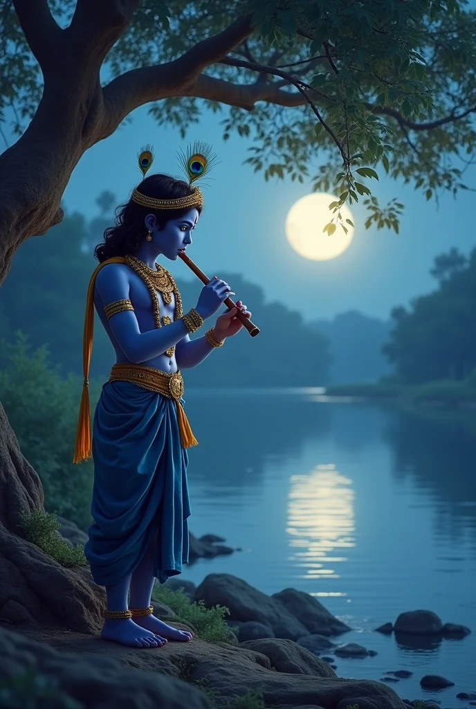 Create a lord krishna Playing in flute background in moon
