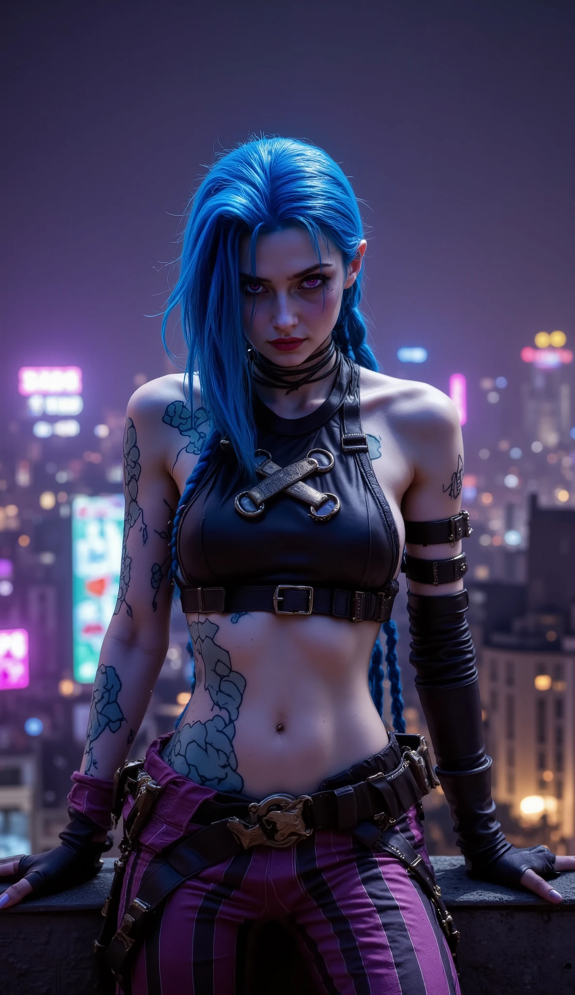 (RAW shooting:1.5, realistic:1.5, 8K), (highest quality, masterpiece, ultra high resolution), Nighttime city rooftop with neon lights illuminating the scene, ((perfect dynamic composition:1.7)), Highly detailed skin and facial textures:1.3, 1 girl, (jinxlol, braided blue hair and pink eyes, wearing a ripped crop top and tight shorts with fishnet stockings:1.3)), wild and daring stance, (legs slightly apart, one hand on her hip, the other holding a spray paint can), rebellious and confident, (soft smirk, intense gaze), hints of danger and allure, glowing neon lights reflecting on her skin