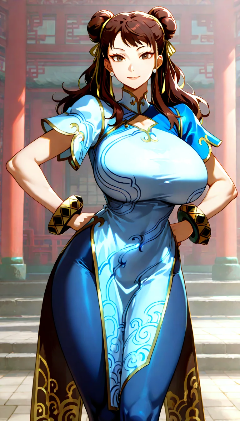 a woman in a blue dress with a gold ring on her neck, portrait of chun - li, portrait of chun li, chun li, chun - li, chun-li, thicc, commission for high res, full body xianxia, highly detailed exquisite fanart, royal elegant pose, anime goddess, ((a beautiful fantasy empress)), portrait knights of zodiac girl