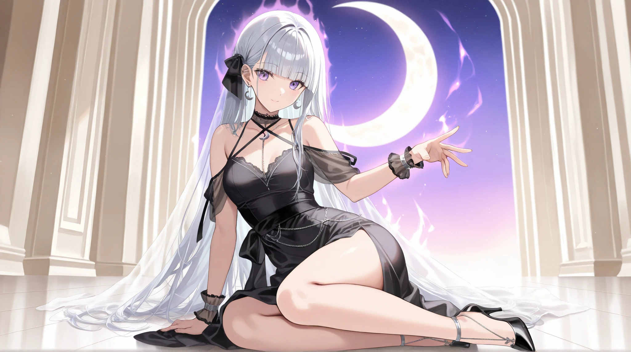 full moon motif、Crow motif、image color purple、had orange eyes、Black costume、long silver hair、golden embroidery、horny girl,go barefoot,fantasy-inspired,Japanese style gothic dress,long skirt、Sorcerer's robe,Off-shoulder,solo,small breasts,Abundant waist circumference、Side hair ribbon,no sleeves,shy smile,mole under eye,narrow shoulders、he is short、Slender Beauty Body、monster girl、I can see the whole body、Long sleeves to hide your hands、bell sleeve、cold sleeve shoulder、pale skin、Clothes that are less revealing、Bewitching