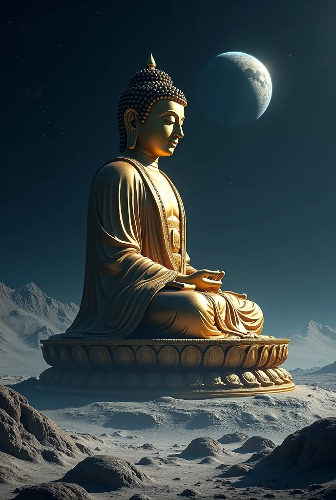 Create an image of a starry sky galaxy in shades of blue and gold with a golden Buddha statue 。Cloth is worn on the upper body