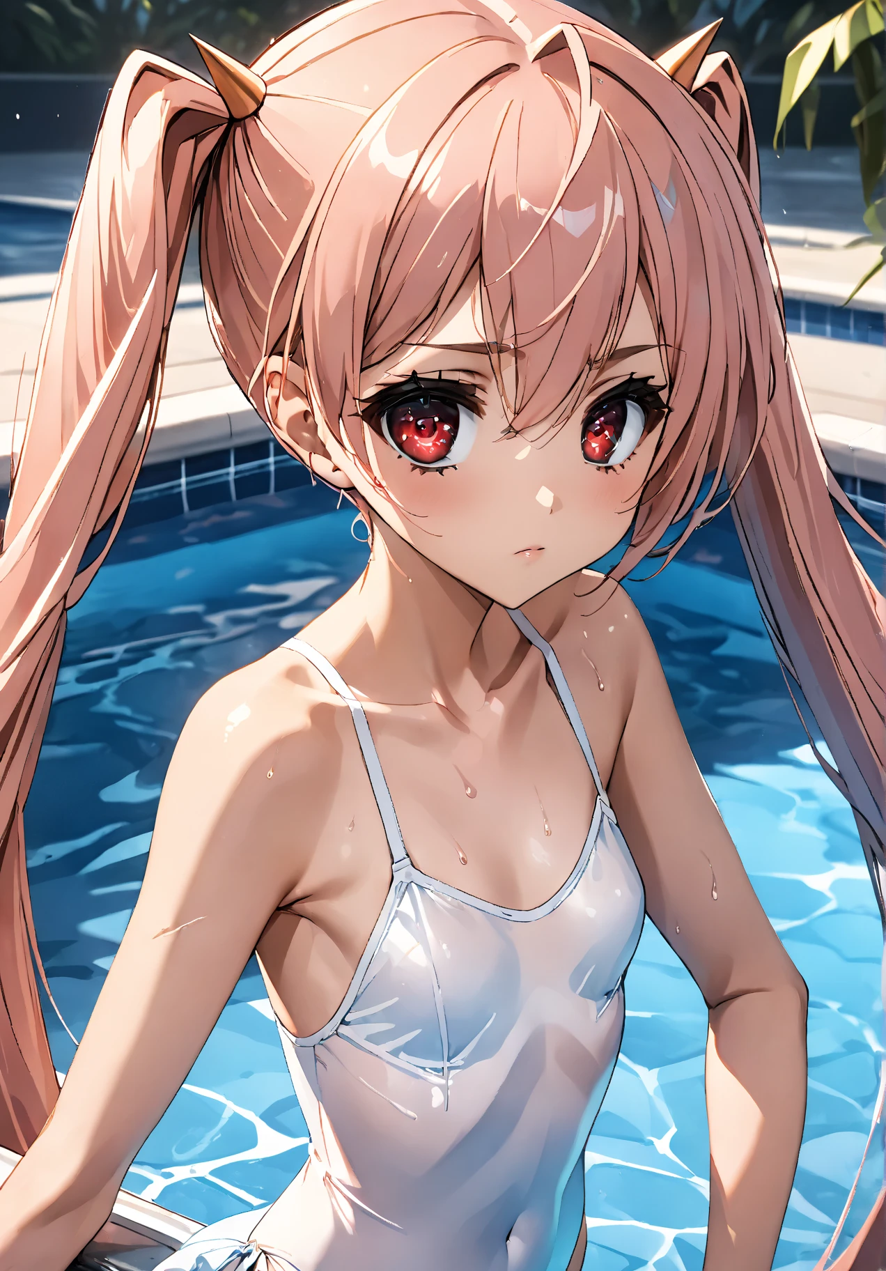 1girl, evil neuro-sama, (yuzu modoki), red eyes, light brown hair, ahoge, two side up, hair ribbon, dark red ribbon, heart hair ornament, (masterpiece, best quality), highly detailed, finely detailed, natural lighting, detailed scenery, wet, steam, outside, onsen, sitting, navel, swimsuit,