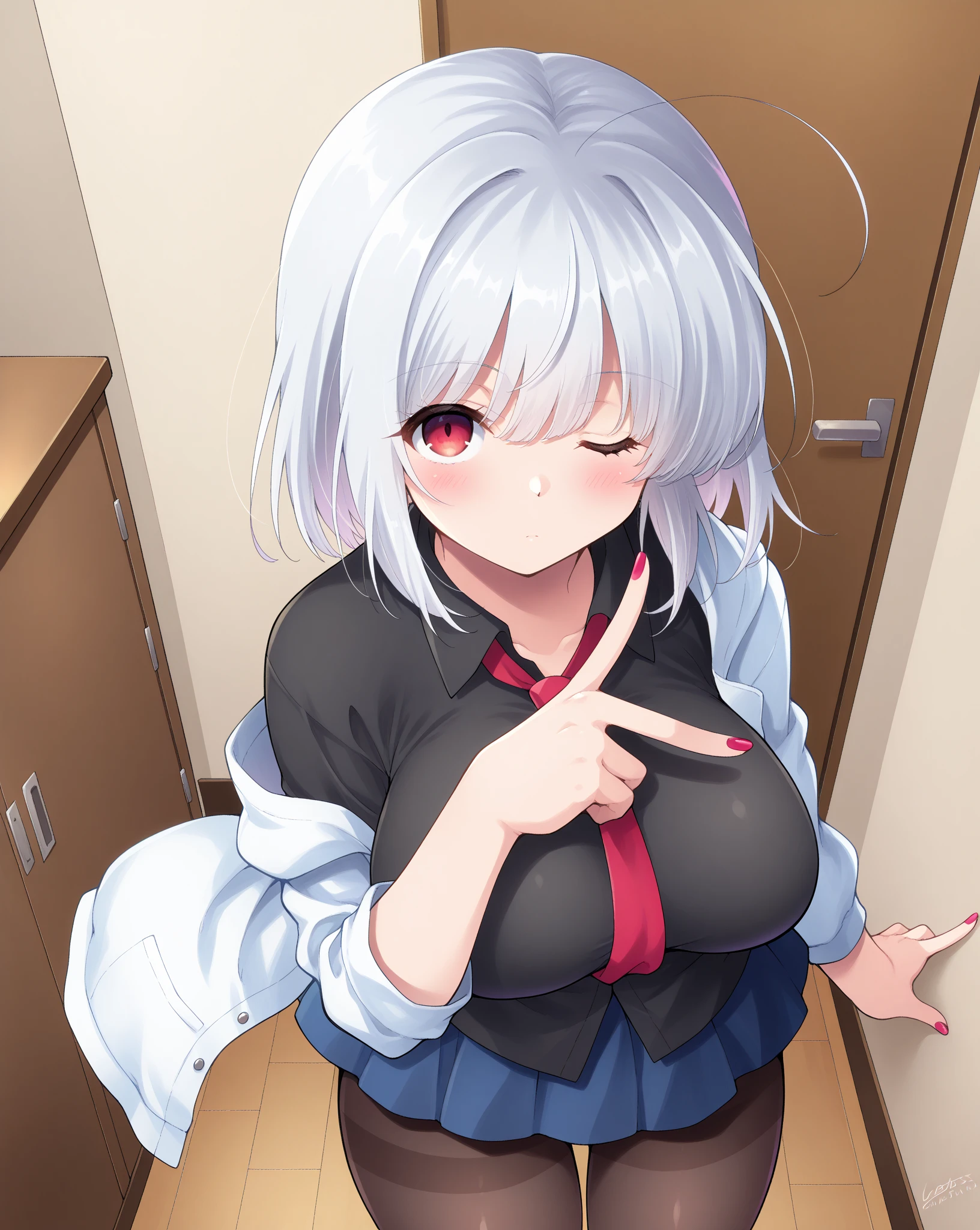 ((Best Quality)), ((masterpiece)), (detailed), 1 girl, long white hair, black horns, red eyes with hearts, big breasts, big thighs, black succubus tail, wide open eyes, expression smiling, open mouth, blush, Red oversized sweater showing shoulders, black shorts, at home, looking at the viewer, view from behind, backward