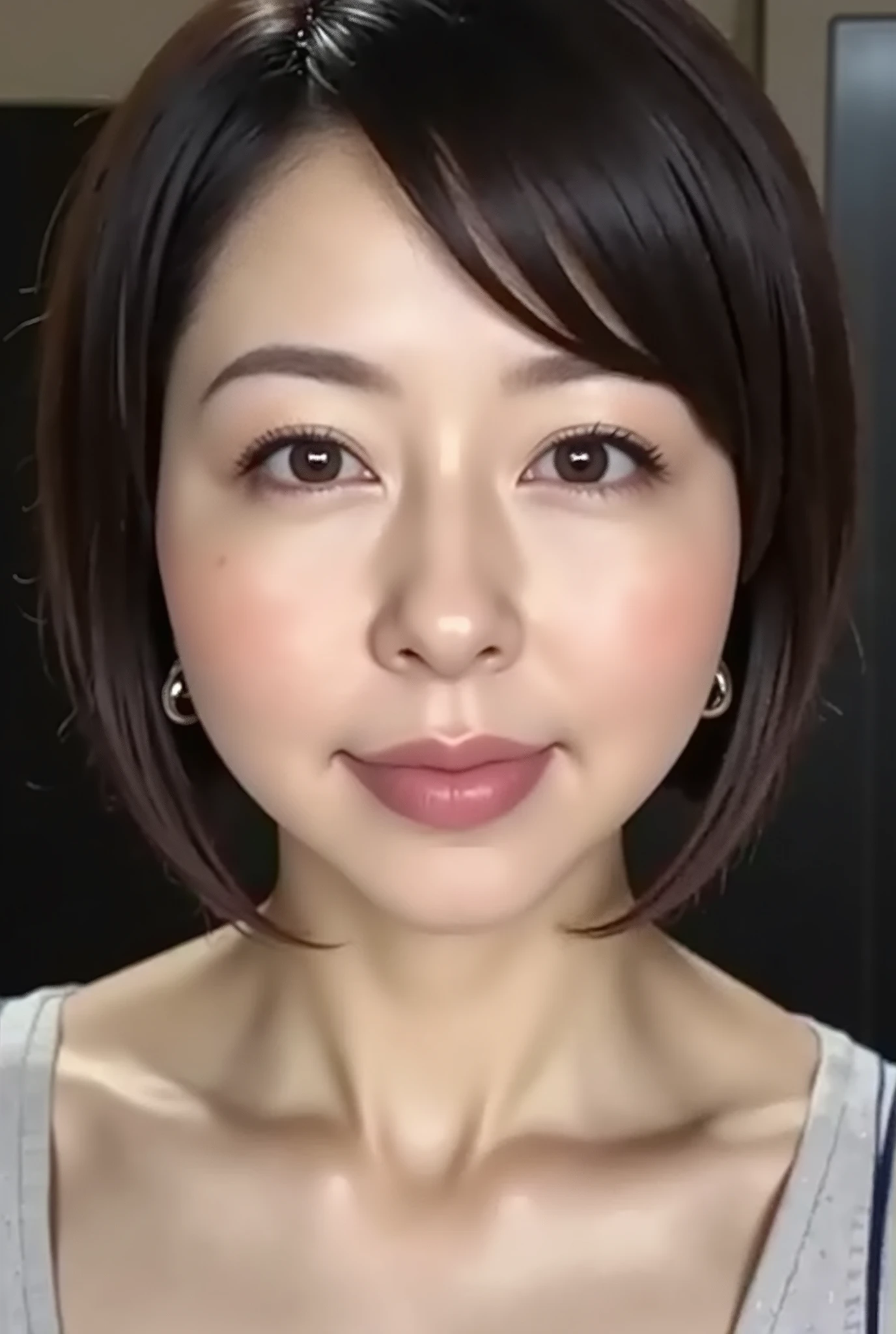 (( Highest Quality )), ((masterpiece)), ( details), Japanese, first person view ,1 woman, Voluptuous women, sexy,( in the bedroom),((( very big breasts , completely naked, petite woman, short bob hair))), black hair , (( without makeup, small eyes))