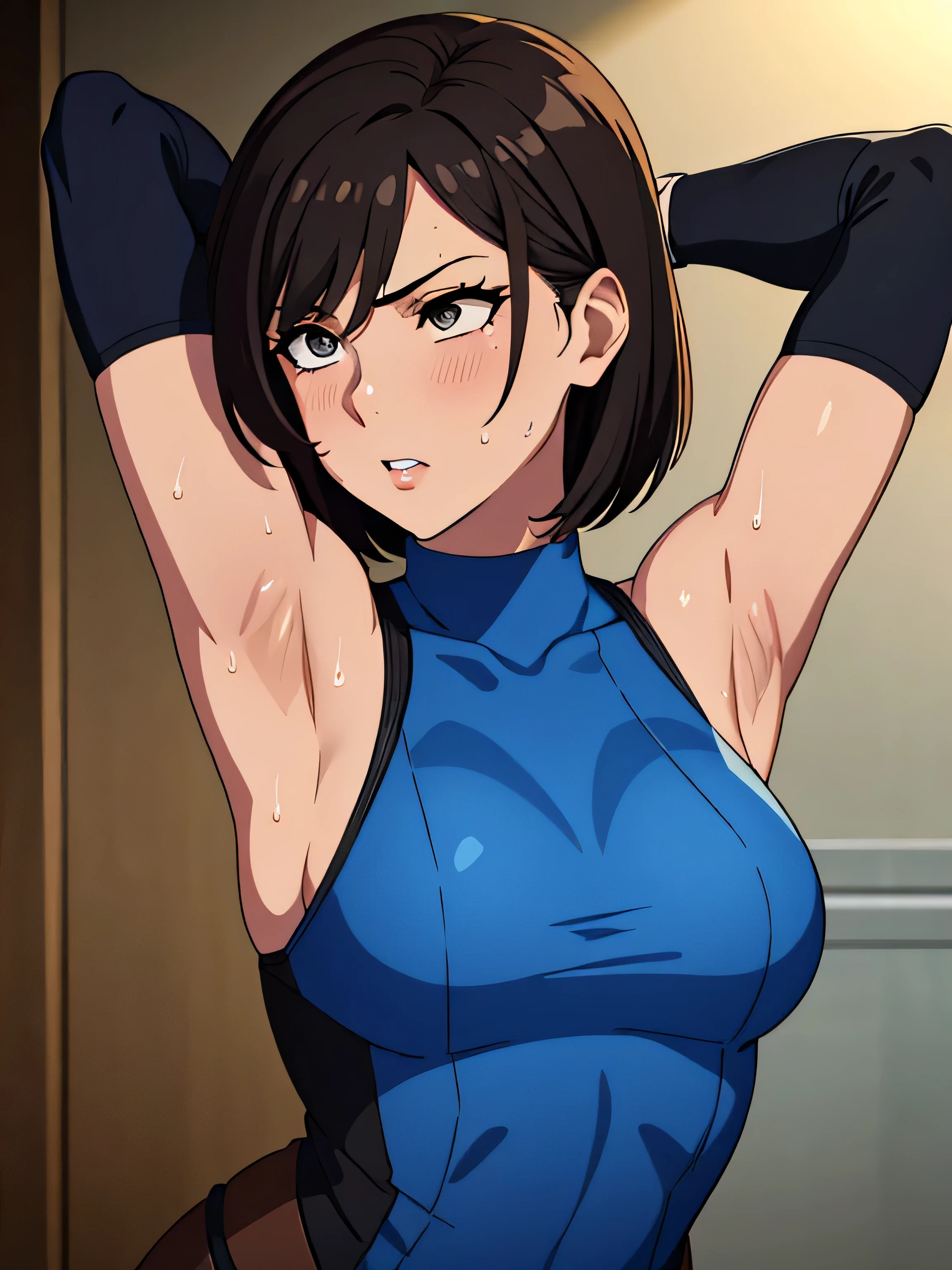 Wearing a blue suit、Anime girl with black top and brown hair, Attractive anime girl, ecchi anime style, , Beautiful and charming anime woman, Bend forward,Kamiaki,,(((Full and soft breasts,)))(((Huge breasts))) (((Cleavage))))