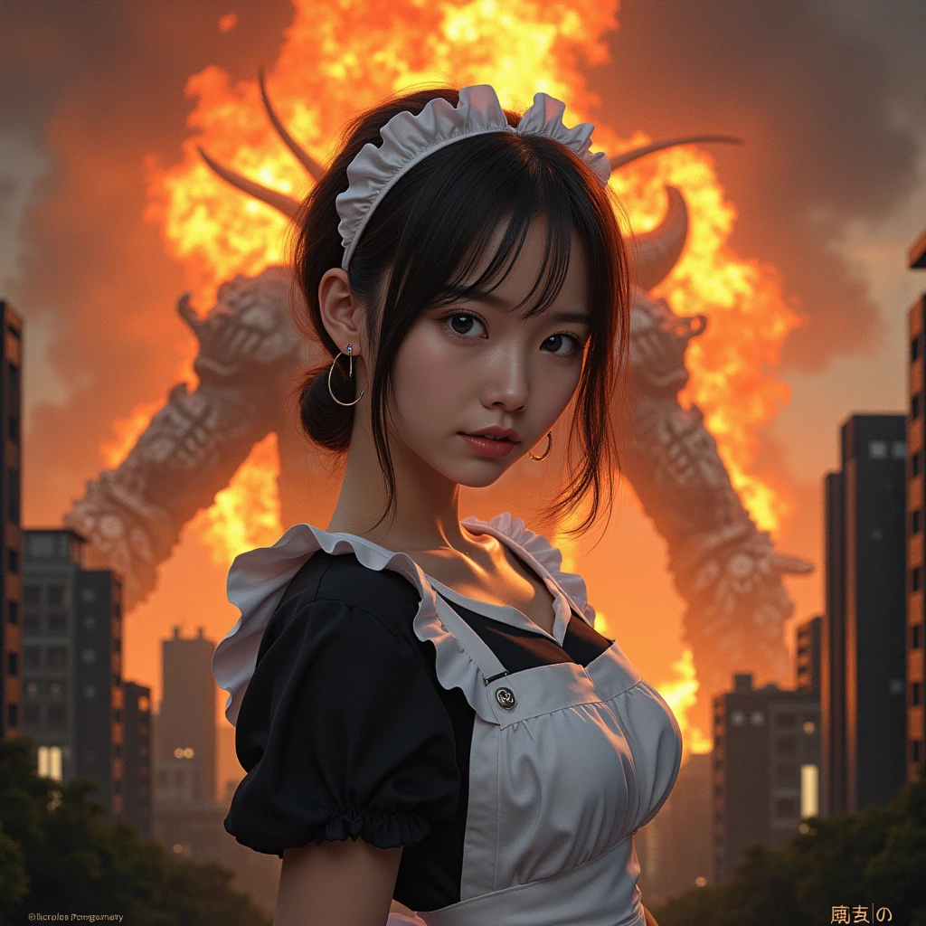 woman staring at camera＿Young＿Very Beautiful＿maid＿Frill Apron＿Frilled Headband＿loafers＿white gloves、A giant alien monster that erupts flames out of its mouth、Tokyo in ruins、night、City Covered in Flames、 Tram、 side shot、fine art digital painting, intricate details, cinematic lighting, vibrant colors, fantasy, surreal, (anatomically correct:1.5, textured skin), (highest quality,4k,8k,high resolution,masterpiece:1.2),ultra detail,(realistic,photo-realistic,photo-realistic:1.37), high resolution, super high resolution, super realistic, , fascinating, steal your heart、