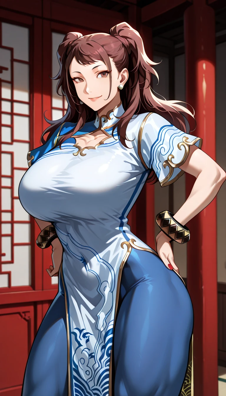 long hair, brown brown hair, curly hair, , japanese clothes, blue outfit, bracelets, big boobs ahegao tempting I like it