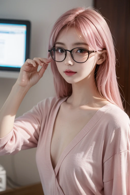 ((masterpiece)), ((Highest quality)), (Super detailed), ((Very detailed)), 4K, (8K), Highest quality, (beautiful)0, holy place, night, Beautiful girl, One girl, alone, Princess, beautiful rainbow hair0, ((beautiful eyes)), Large Breasts, nice,((Glasses)),(Only the sides of her hair are dyed pink.),