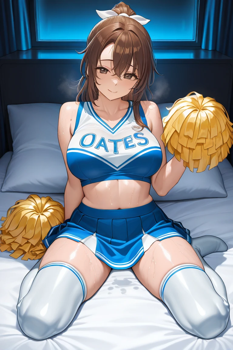 Cheerleader with demon tail, big , having sex, bun hair style , with black tiny demon horns, wearing necklace, on bed