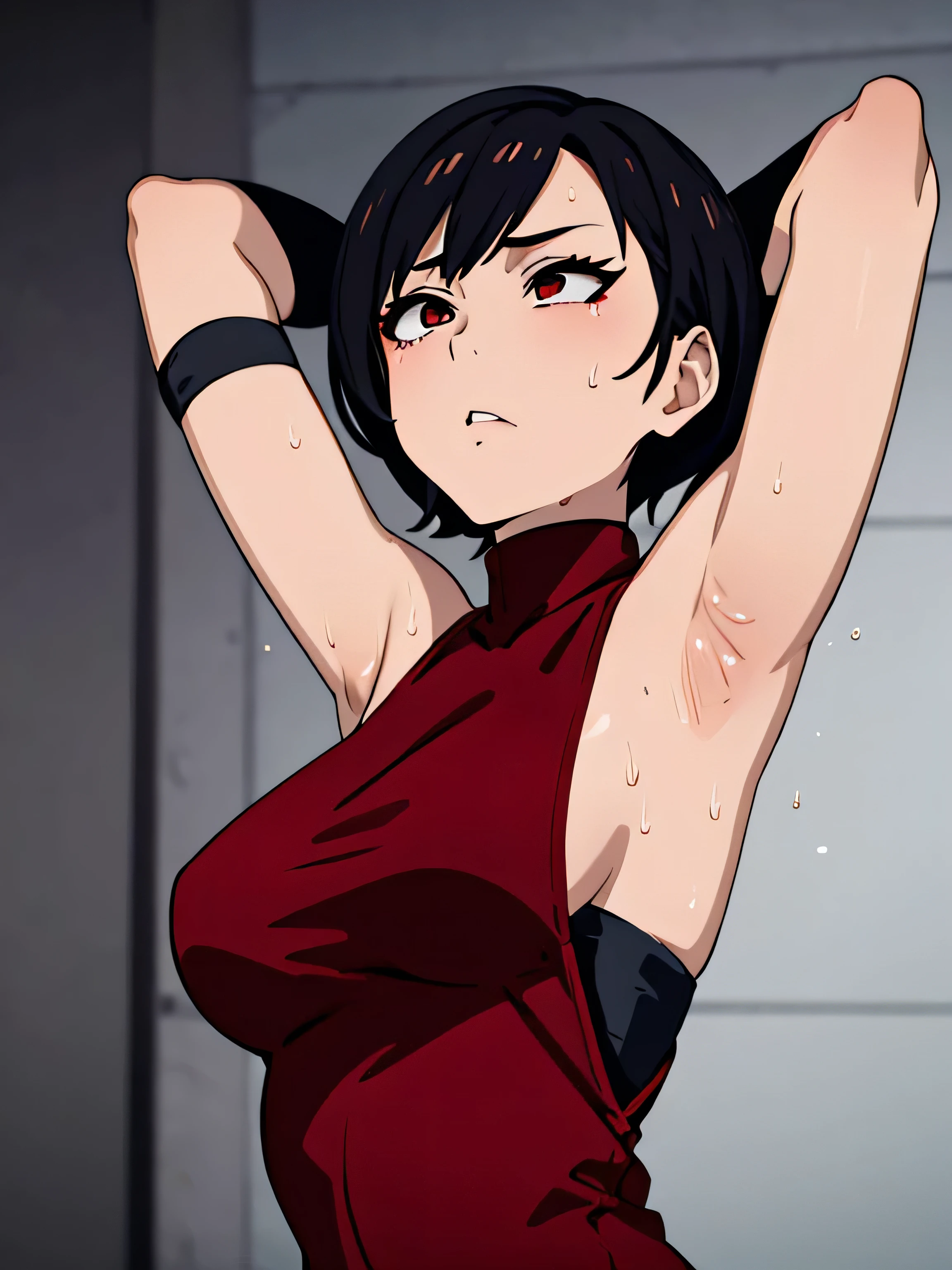 anime screencap,, 1girl,solo, wavy black hair, wavy short hair, wavy hair, wavy hairstyle, black eyes,small breasts,armpits,wet armpits, showing wet armpits, laying down messy hair, messy wavy hair, wavy messy hair,side boob, removing clothes, showing small breasts, , breasts, cute body, getting, sexy clothing, removing panties, removing bra