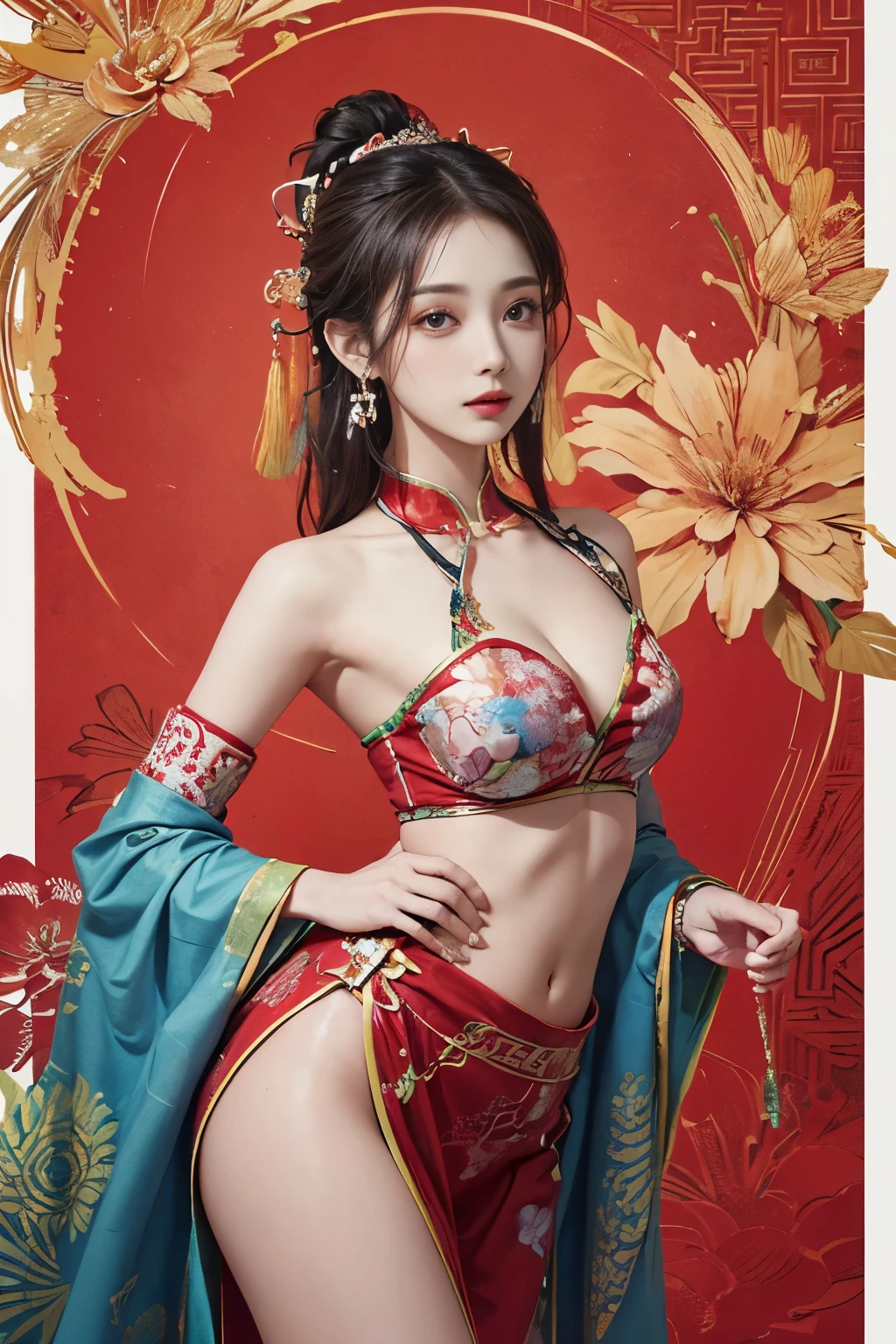 (masterpiece, top quality, best quality, official art, beautiful and aesthetic:1.2), (1girl:1.3), extremely detailed,(fractal art:1.1),(colorful:1.1)(flowers:1.3),highest detailed,(zentangle:1.2), (dynamic pose), (abstract background:1.3), (chinese Traditional cloth:1.2), (shiny skin), (many colors:1.4), ,(earrings:1.4),