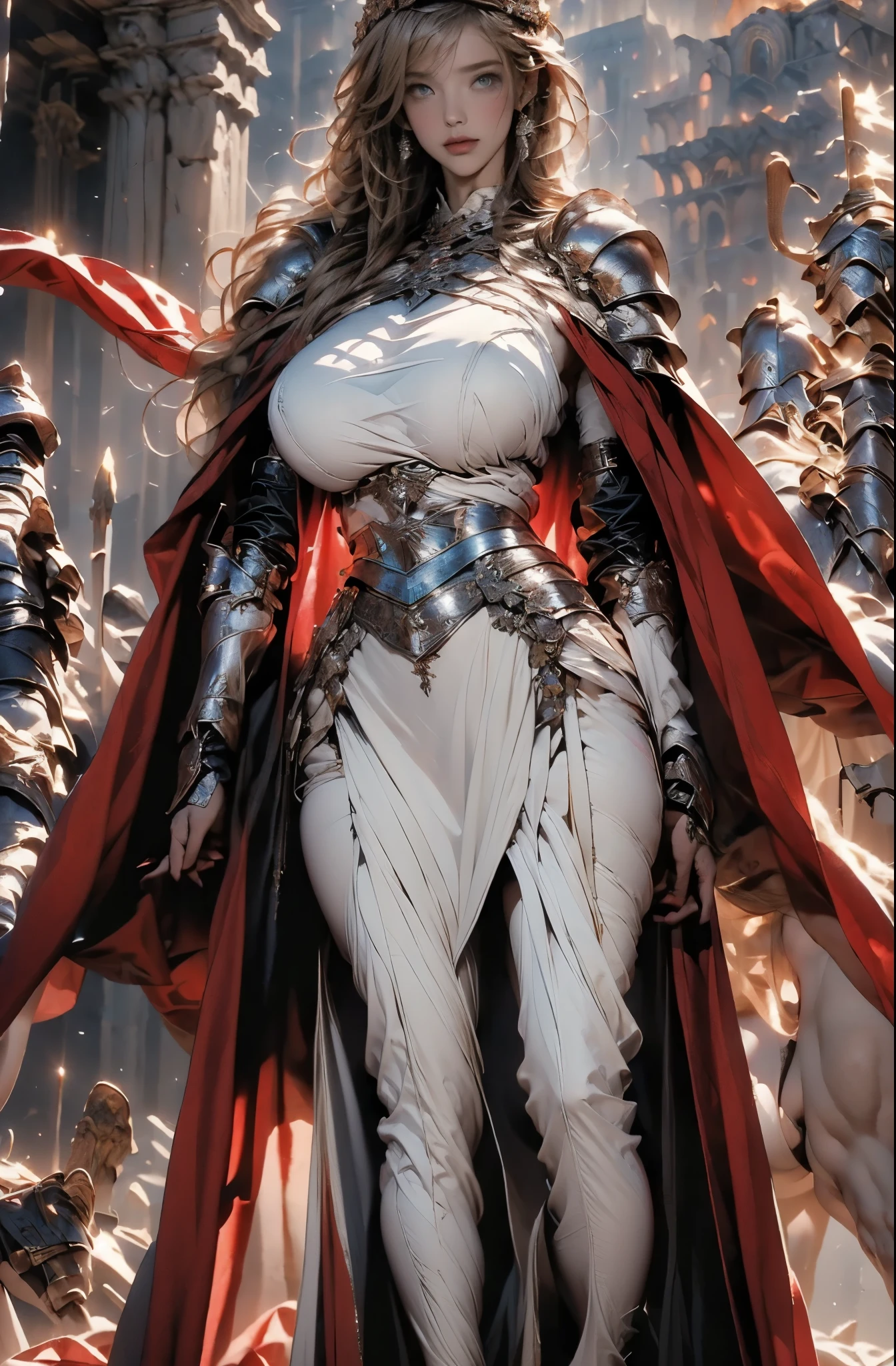 Elegant armor,princess, Full body, wearing a hijab , crown luxury , blue eye, blond hair, around , (red silver hijab), tmasterpiece，Best quality at best，A high resolution，8K，((Portrait))，(upper body)，Original photo，real photograph，digital photography, (Medieval angel princess in fantasy style), elegant princess ，blue eye， super colossal brest, pointy colossal breast extravagant ornament，cparted lips，Keep your mouth shuegant and charming，((Blushing))，virgin content，Calm and handsome，(Medieval fantasy armor, The Beautiful super huge pointy breast, small waist, perfect colossal breast of princess body, a blue delicate pattern，red Cloak)，(anhelic princess character medieval fantasy style，oc render reflection texture, elegant style,  sexy colossal breast , medieval castle background, slim body, very small waist, (luxury armor pattern) , super slim ,beautiful like angel 