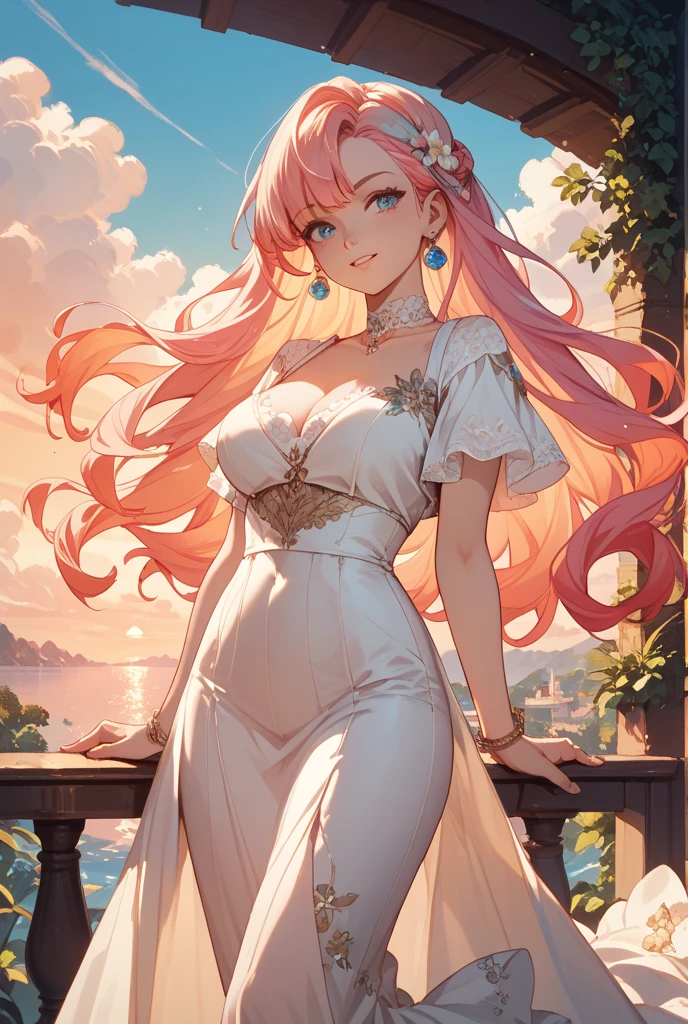 ((Moe anime art style:1.2)), (((masterpiece))), (((best quality))), ((ultra detailed)), (illustration), ((an extremely delicate and beautiful)), ((super detailed skin)), (((8K))), (((solo girl))), (18 years old), ((full body)), (((Super Definition and Beautiful Face))), ((Beautiful Lips, Beautiful Eyes)), bangs, (((Pink Hair, Fluffy ponytail, Curly Hair, Expressive hair, very voluminous long hair))), BREAK ((Pale pink taffeta material)), ((Dense lace, Long train, Lots of frills)), (((Full-length crinoline hoop skirt, Beautiful and luxurious Rococo Victorian ball gown dress))), BREAK (((gigantic breasts))) , (breast focus), ((Flowing petals)), Particles of light pouring down, ((A large number of colorful flowers)), ((A woman stands on a hill covered with flowers at dusk in medieval Europe)), ((magnificent panorama view:1.5)), ((very wide shot:1.5)),