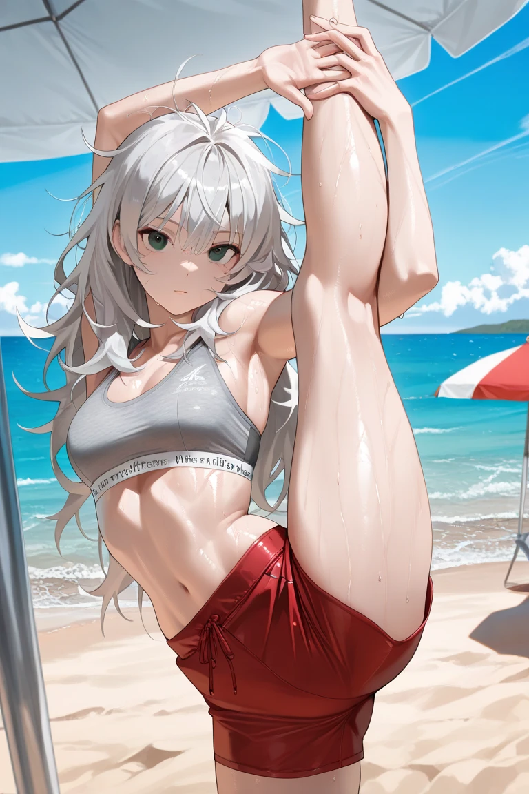 Pumped body, white hair, bunny ears, red eyes, angry face, bikini, wet skin, tanned skin, beach, sun, woman, solo, Bottom view
