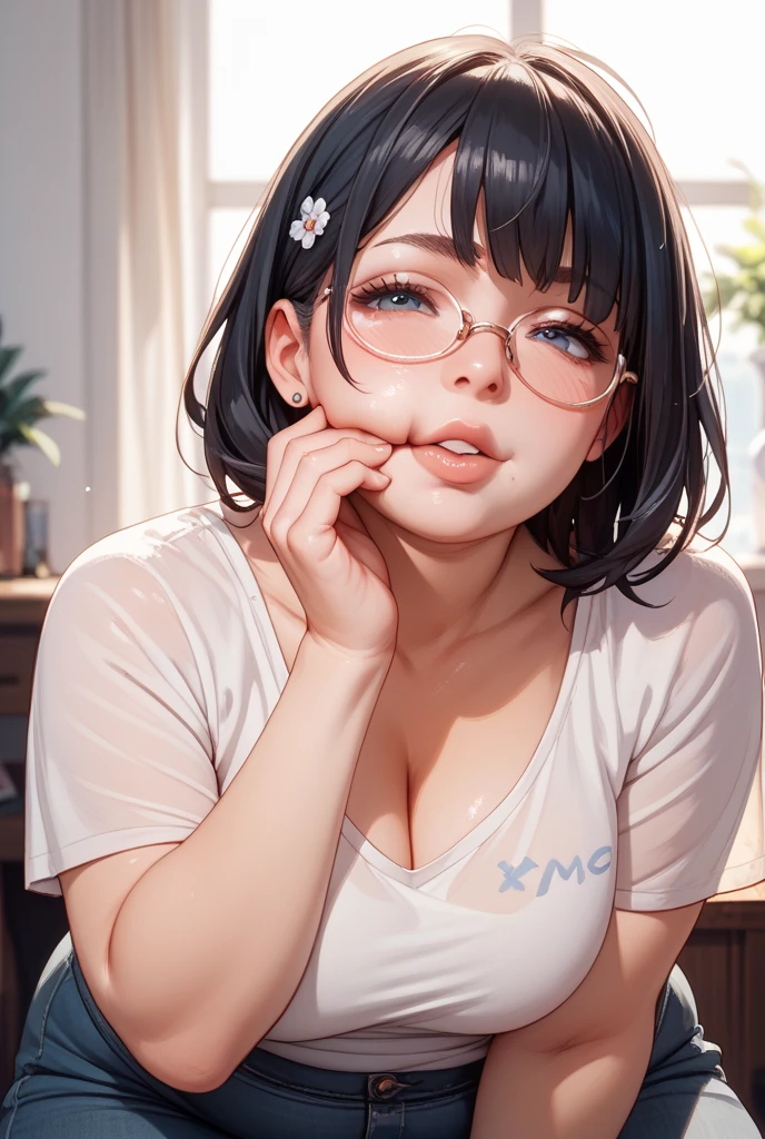 12 years old、Short hair、Glasses、水玉のbra、Cleavage、extremely cute、cute、Embarrassed、Rich kiss、blush、Cleavage、bra
