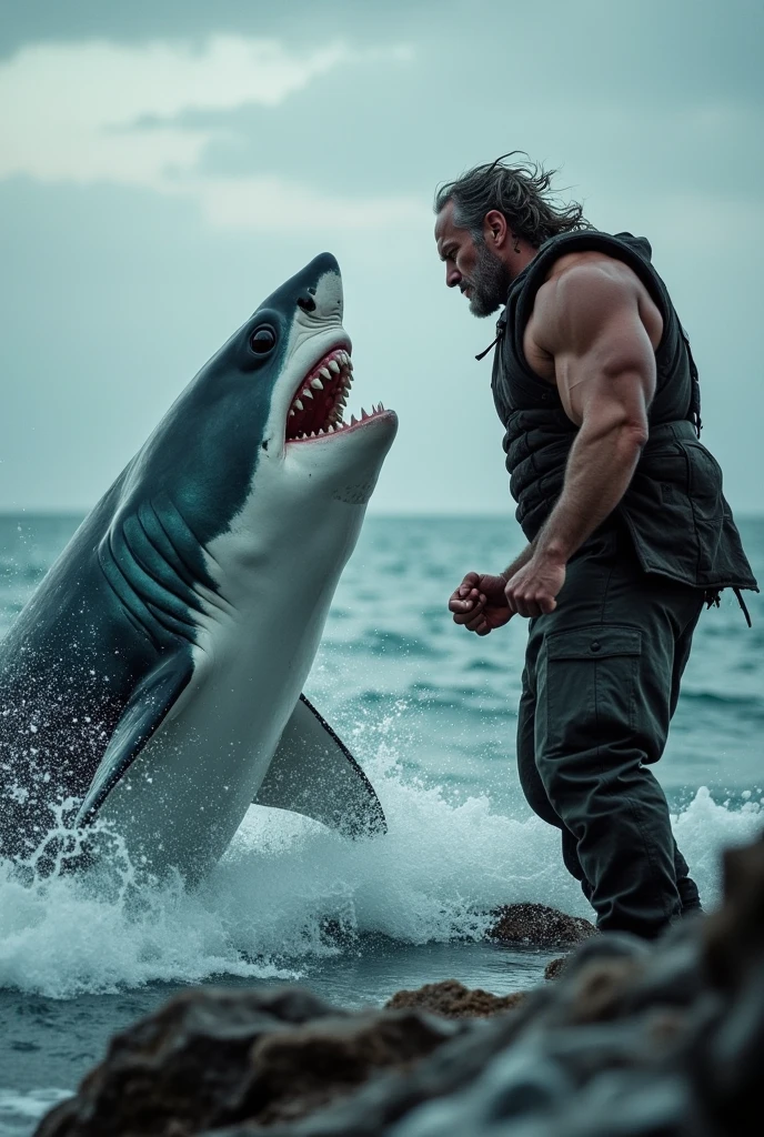 Strong light-skinned man who fought the shark by riding a tiger shark with blood and wounds, The man&#39;s face should be very clear and he should have a slightly grown beard and should be in portrait form. 