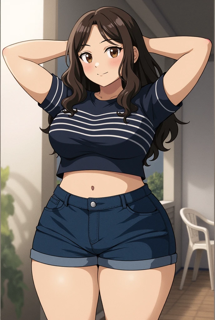 (((kipteitei art))), ((masterpiece)), (((best quality))), ((ultra-detailed)), (((illustration))), detailed face, detailed body, ultra cute face, (((1girl))), ((solo)), ((Line art)), (in the style of cell shaded), (vivid colors), skindentation, medium hair, brown hair, ponytail, (((fluffy hair))), looking at viewer, smile, happy, blush, (white crop top), jeans, tight jeans, small breasts, cleavage, perky breasts, wide hips, thick thighs, thigh gap, soft belly, dynamic angle, dynamic pose, hand on hip, hand of breast, outdoors, sunny day, collage campus, 20 year old girl,