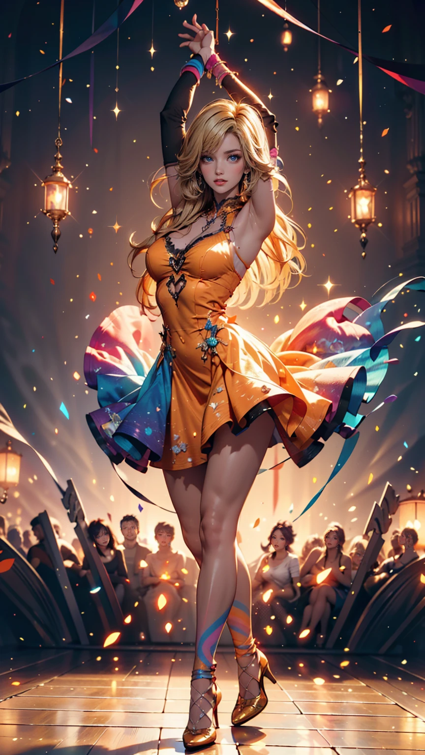 A dancer in a colorful lovely sheer dress, twirling and dancing on stage, a band playing in the background, cinematic lighting, vibrant colors, (best quality,4k,8k,highres,masterpiece:1.2),ultra-detailed,(realistic,photorealistic,photo-realistic:1.37),dynamic pose, intricate details, stunning visuals, ethereal, graceful movements, elegant, mesmerizing