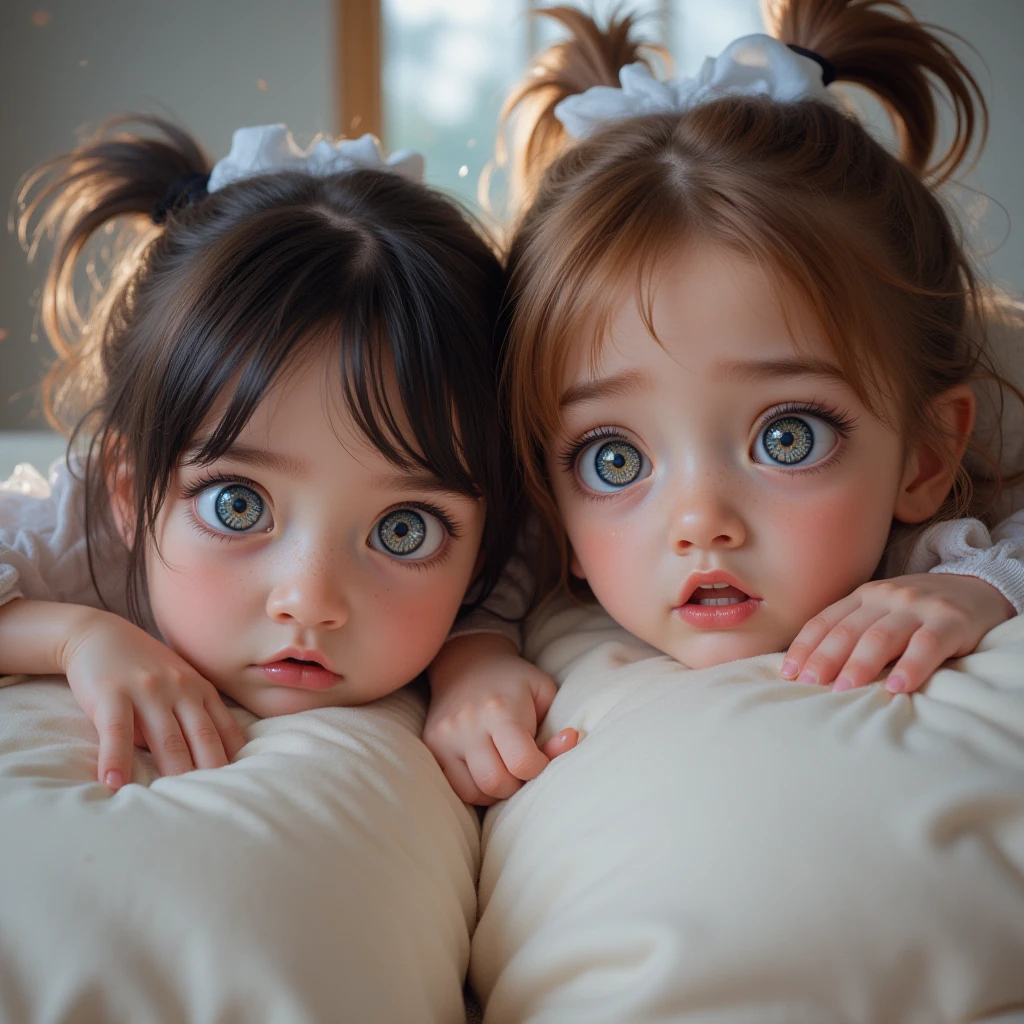 Picture a serene bedroom painted in calming pastel shades, with a plush, fluffy bed adorned with soft, floral-patterned sheets. In the foreground, a close-up view captures the innocent beauty of a young girl as she slowly wakes up from her sleep. Her eyes are still drowsy, but a hint of curiosity and wonder is beginning to glimmer in them