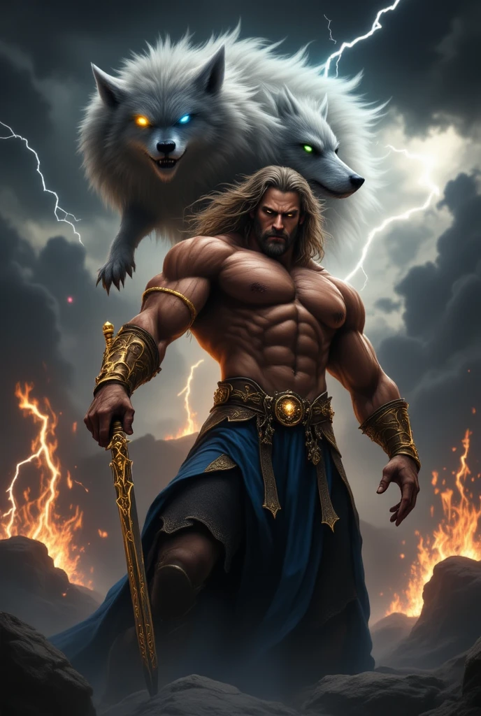 A humanoid lion warrior, wearing a belt that says PWW, along with a white tiger also humanoid, facing a horde of zombies.