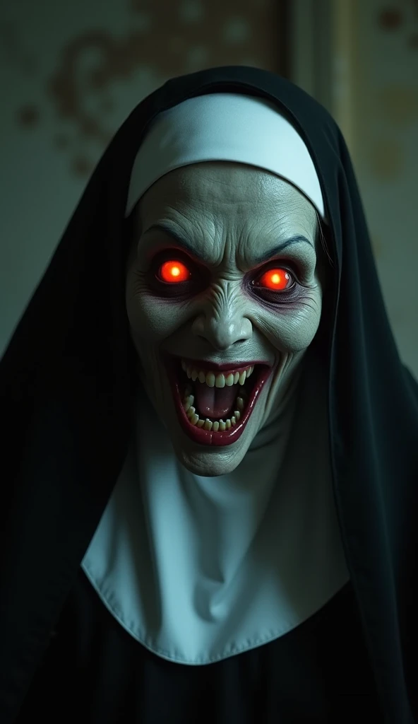 best qualityer,high resolution,realisitic,ultra detali,photorealisitic:1.37,horor,Valak from The Nun,tenebrosa,evil,nun,nasty,demonic spirit possessed,long tenebrosa hair,pale white face,piercing yellow eyes,sharped teeth,religious habit with veil,spooky ambiance,frightening presence,mysterious lighting,expressão evilévola,sinister grin,ominous aura,Demonic power,scary setting,Ruined church,Religious Symbols,cemetery,thunderstorm,misty fog,sinister presence,Terror,horrible,frightening presence,nightmare inducing.