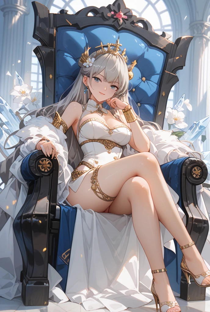 young girl, Long white hair, golden eyes, Blue God Tattoo, smirk, princess dress, small breasts, open breasts, Wide neckline, sitting on the throne, legs crossed, Masterpiece, hiquality, higly detailed, HD, 4k