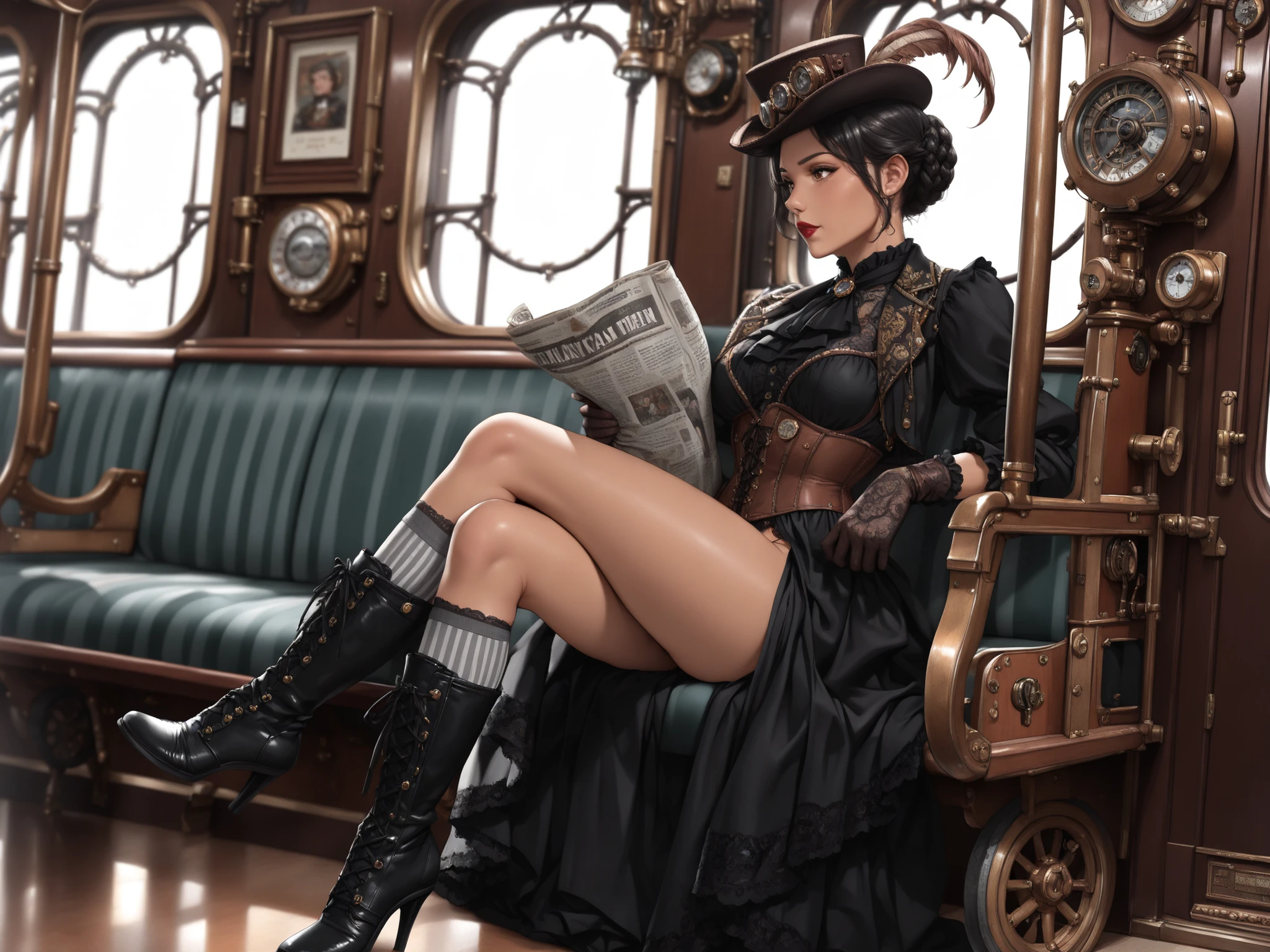 masterpiece, best quality, very aesthetic, absurdres, impressionist oil painting, steampunk, victorian, gothic, train interior, solo focus, from side, Latina aristocrat, mature, dark skin, perfect face, brown eyes, lipstick, cleft chin, side-glace, black hair, braided bun, hat with feather, jewelry, slender figure, wearing black victorian ballgown with intricate patterns, corset, opera gloves, long skirt, open skirt, bustle, bare thighs, black and grey ((striped socks)), ((black boots, knee-high lace-up boots, high heels)), sitting, crossed legs, holding newspaper, steampunk, dramatic lighting