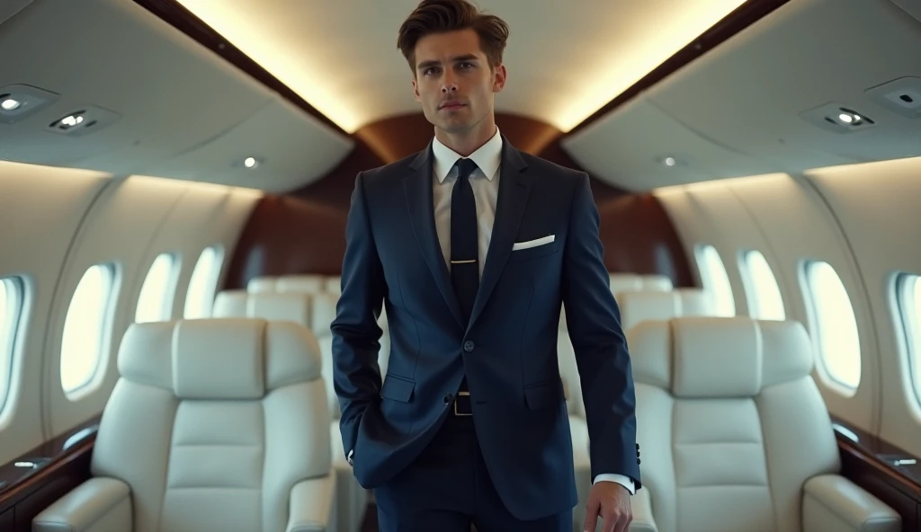 a 20 years old man posing in a private jet wearing a expensive outfit