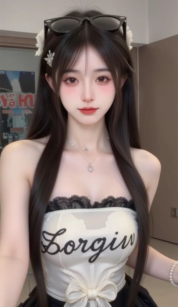 On the bed sat a woman with long hair, ulzzangs, wearing white camisole, 1 8 I, Wearing a bra, Gorgeous young Korean woman, attractive neck, pale milky white porcelain skin, 🤤 girl portrait, with very thin lips, Korean girl, ((Pink)), Smooth pink skin, wearing camisole, hair floating covering chest