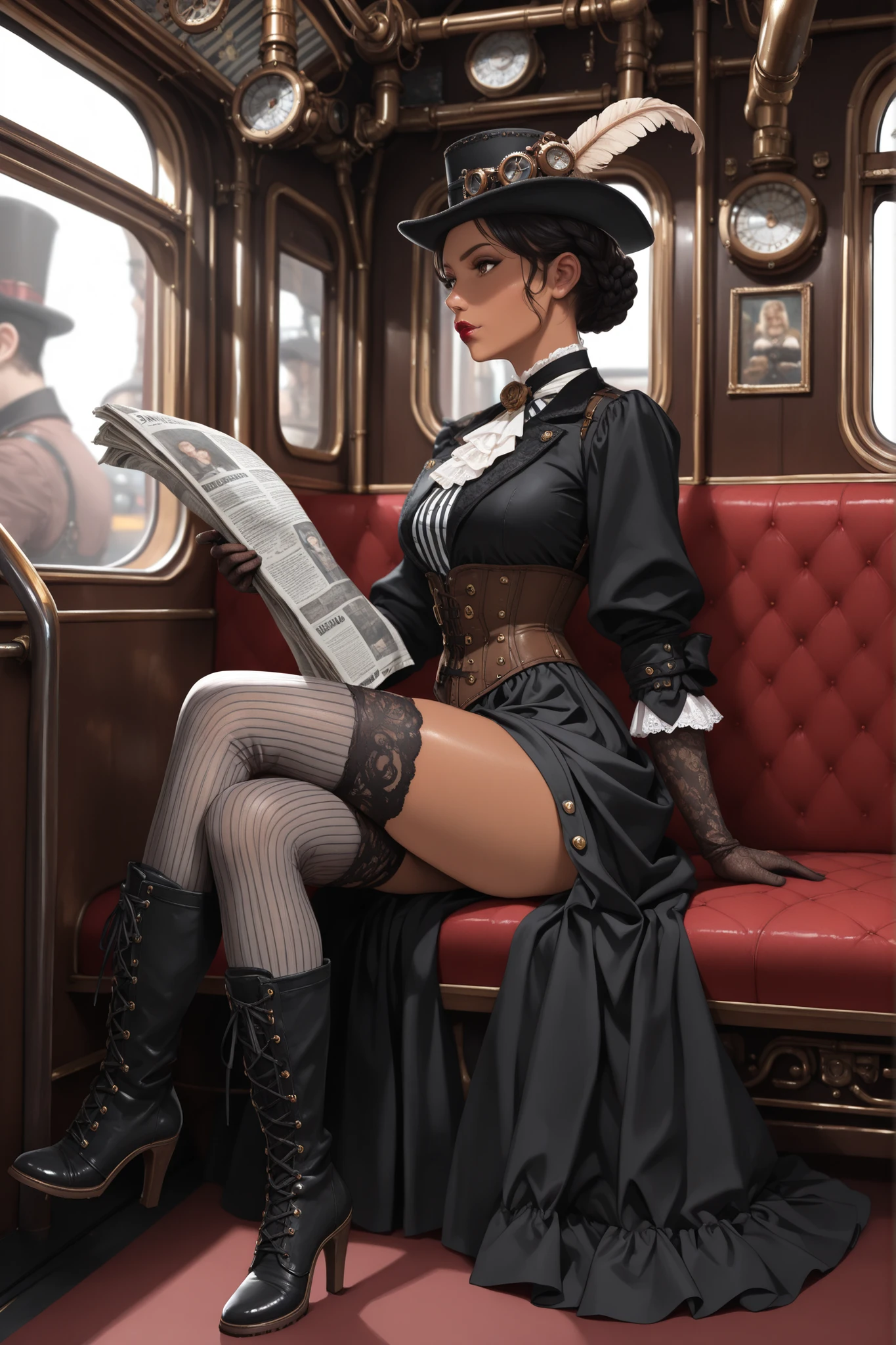 masterpiece, best quality, very aesthetic, absurdres, impressionist oil painting, steampunk, victorian, gothic, train interior, solo focus, from side, Latina aristocrat, mature, dark skin, perfect face, brown eyes, lipstick, cleft chin, side glace, black hair, braided bun, hat with feather, jewelry, slender figure, wearing black victorian ballgown with intricate patterns, corset, opera gloves, long skirt, open skirt, bustle, bare thighs, black and grey ((striped socks, thighhighs, horizontal stripes)), ((black boots, knee-high lace-up boots, high heels)), sitting, crossed legs, holding newspaper, steampunk, dramatic lighting