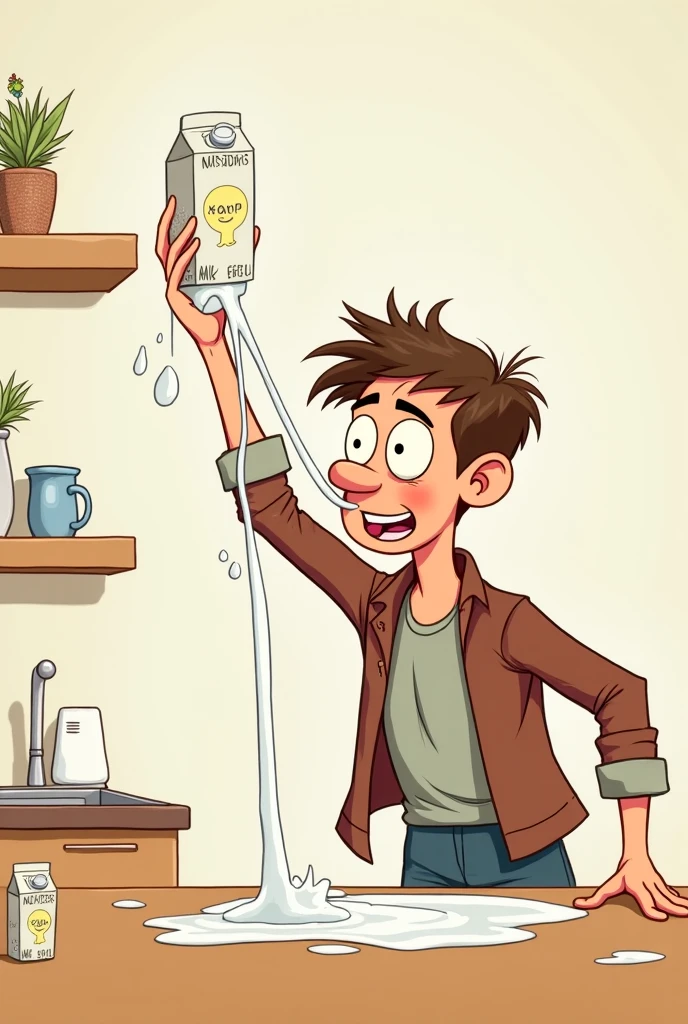 Person:

A yang boy in the image has his face shoked and afraid seen ito front.He are wearing a red shirt.He have hair. His left arm is raised, He carry a super glue and droping on his eye   .The right hand is open and facing forward, making a stopping gesture.

Background:

The background is a grey glue textured wall with so much Glue.

Warning Sign:

There is a yellow warning sign with black borders and text on the wall.The sign includes symbols indicating no Glue or open flames are not allowed.

The image seems to convey a strong message, 
